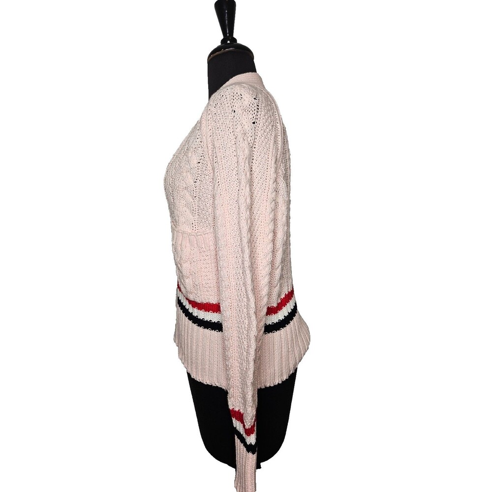 BONNER of IRELAND Women's Cable Knit Cardigan Sweater Medium Pink Striped Preppy - Picture 4 of 12